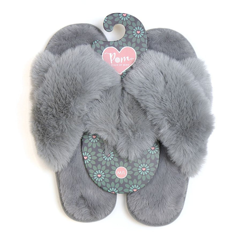 Sliperi Ffwr Ffug Llwyd  - Canolig / Mawr | Soft Grey Fluffy Faux Fur Slippers - MEDIUM / LARGE