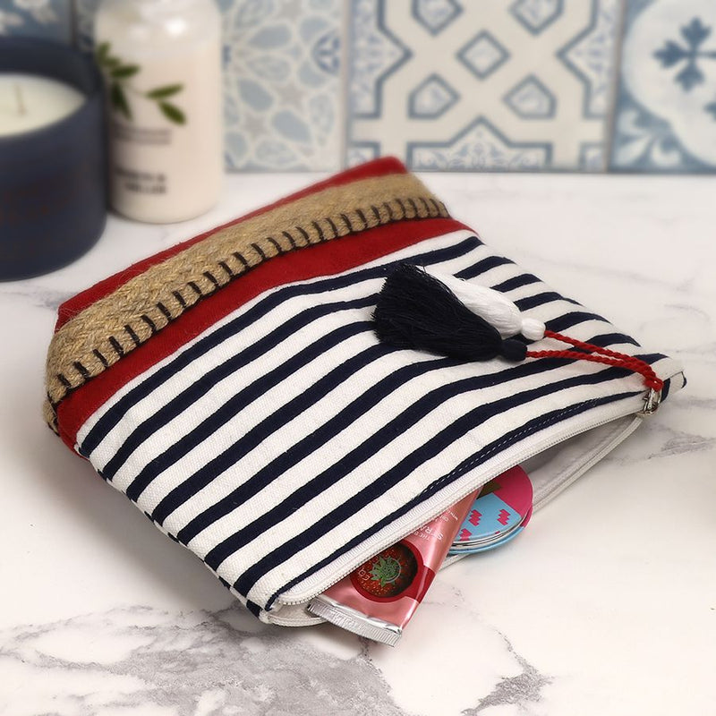 Bag Ymolchi | Navy & White Striped Cotton Wash With Red Colour Block