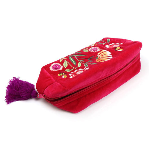 Bag Colur Melfed Brodwaith  - Blodau | Velvet Embroidered Makeup Bag - Fucshia Floral