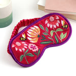 Masg Llygaid Melfed Brodwaith - Blodau | Velvet Embroidered Eye Mask - Fuchsia Floral