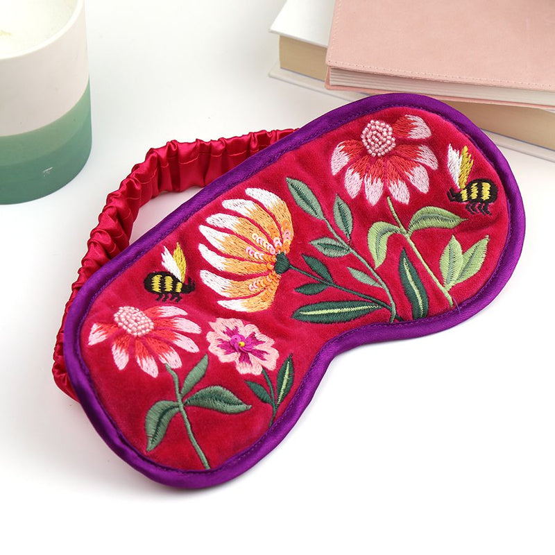 Masg Llygaid Melfed Brodwaith - Blodau | Velvet Embroidered Eye Mask - Fuchsia Floral
