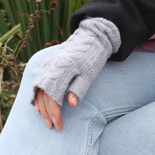Grey cable knit recycled wrist warmers