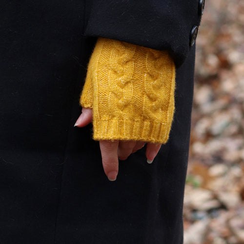 Mustard cable knit recycled wrist warmers