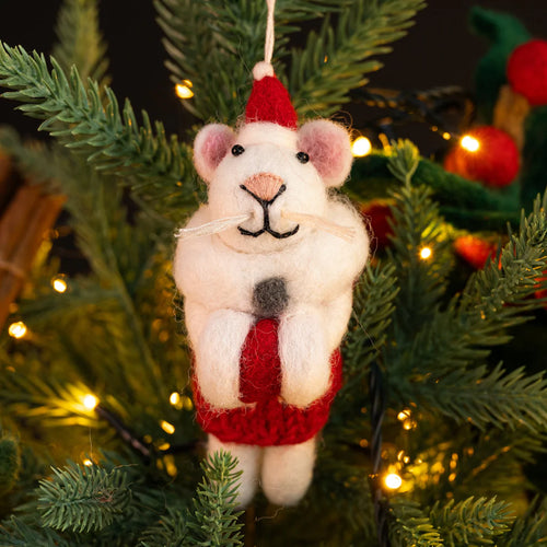 Addurn Nadolig Ffelt - Llygoden | Christmas Felt Decoration - Mouse with Muff