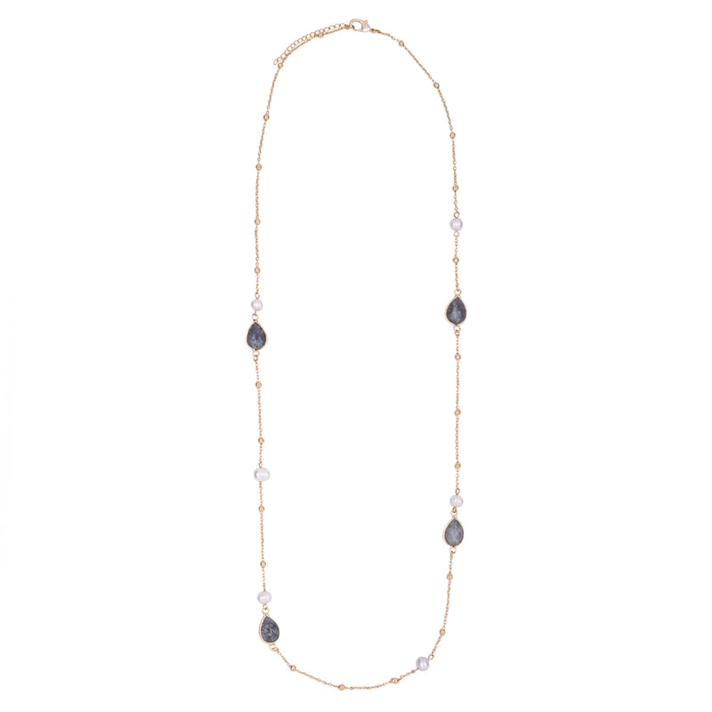 Cadwyn Hir Crisial | Venus Crystal Long Necklace - Gold & Labradorite