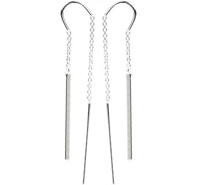 Clustdlysau Arian | Sterling Silver Threader Long Bar Earrings - Brook