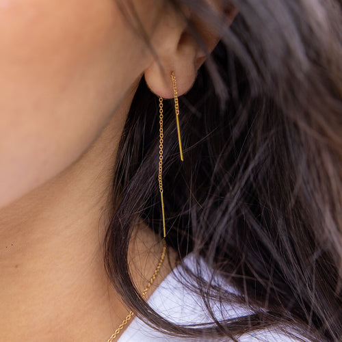 Clustdlysau Aur | Gold Plated Silver Threader Short Bar Earrings - Brook