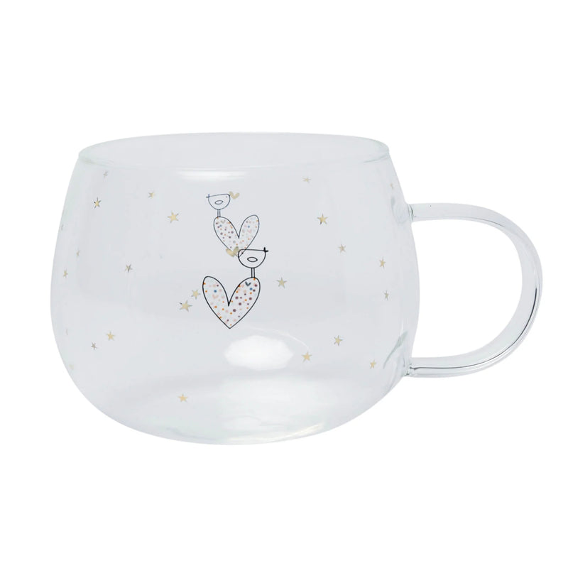 Mwg Gwydr - Calon Conffeti ag Aderyn | Glass Mug - Confetti Heart & Bird