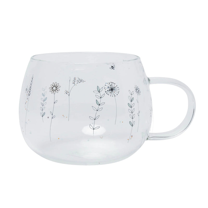 Mwg Gwydr - Blodau Gwyllt | Glass Mug - Wildflowers