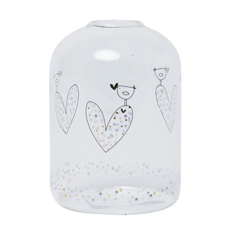 Ffiol Wydr - Calon Conffeti ag Aderyn | Glass Vase - Confetti Heart & Bird
