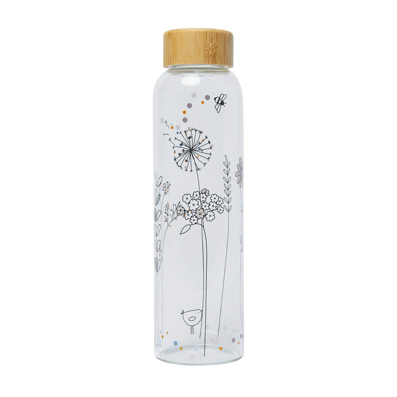 Potel Ddwr Wydr - Blodau Gwyllt | Glass Water Bottle - Wildflowers