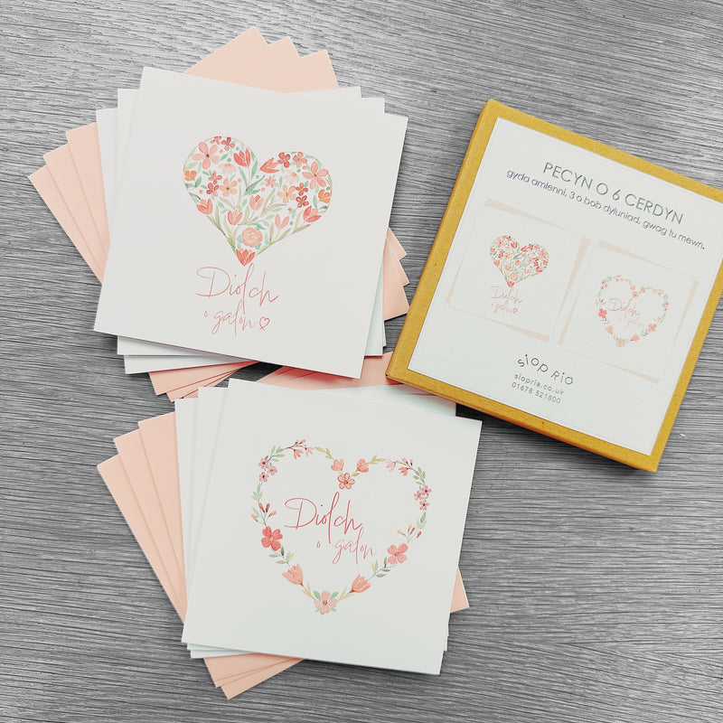 Pecyn o 6 Cerdyn Diolch - Gwenllian | Pack of 6 Notelets - Thank You