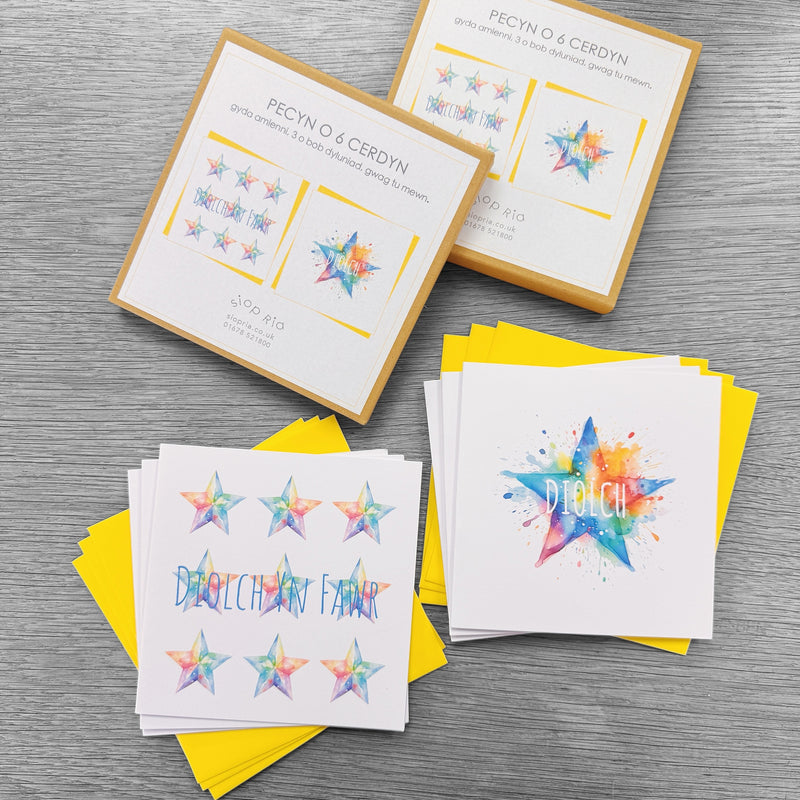 Pecyn o 6 Cerdyn Diolch - Gwyn | Pack of 6 Notelets - Thank You