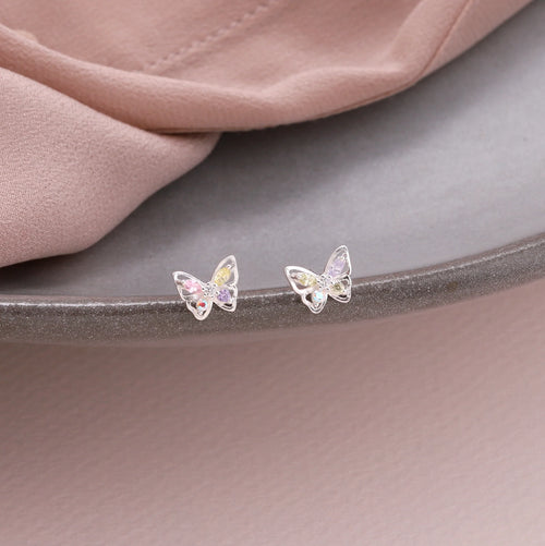 Clustdlysau Styd Pili Pala Crisial - Arian | Crystal Rainbow Butterfly Stud Earrings - Silver