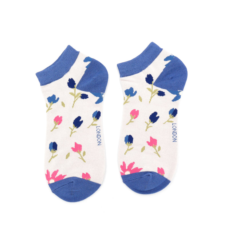 Sanau Treinyrs - Bloodau Bach | Miss Sparrow Trainer Socks - Ditsy Floral Silver