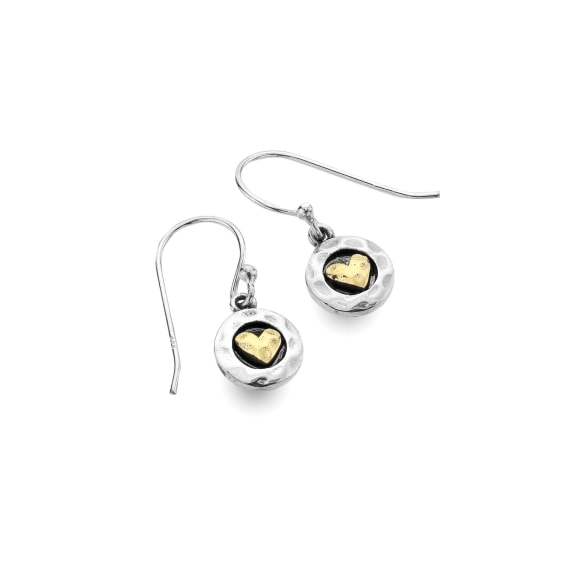 Custdlysau Calon Mewn Cylch Arian | Heart in Circle Silver & Brass Earrings