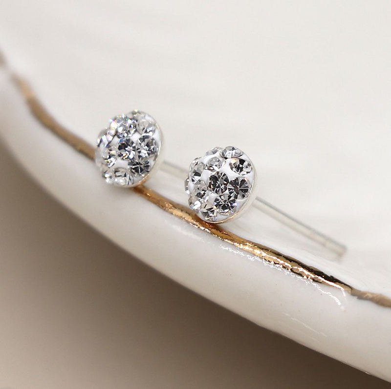 Clustdlysau Styd Arian | Sterling Silver Stud Earrings - Clear Shamballa