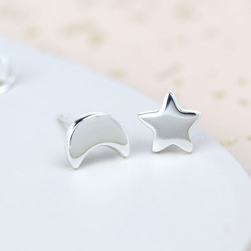 Clustdlysau Arian | Sterling Silver Earrings - Moon & Star