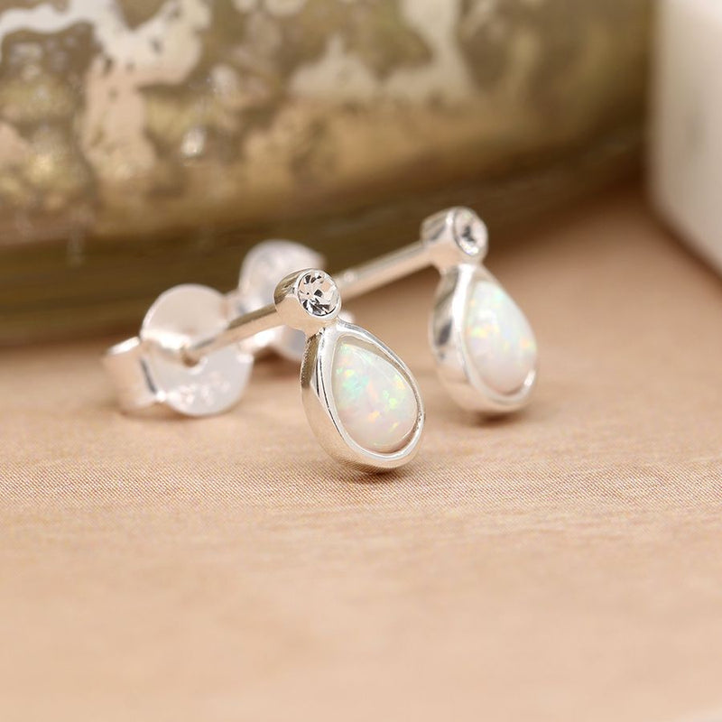 Clustdlysau Styd Arian | Sterling Silver Stud Earrings - Opal and Crystal Teardrop