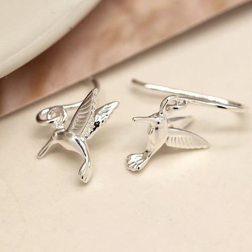 Clustdlysau Arian | Sterling Silver Hummingbird Drop Earrings