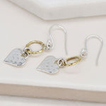 Clustdlysau Arian | Sterling Silver Earrings - Hammered Heart and Brass Hoop