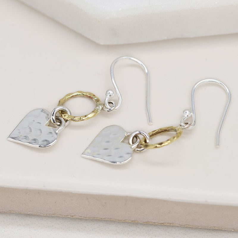 Clustdlysau Arian | Sterling Silver Earrings - Hammered Heart and Brass Hoop
