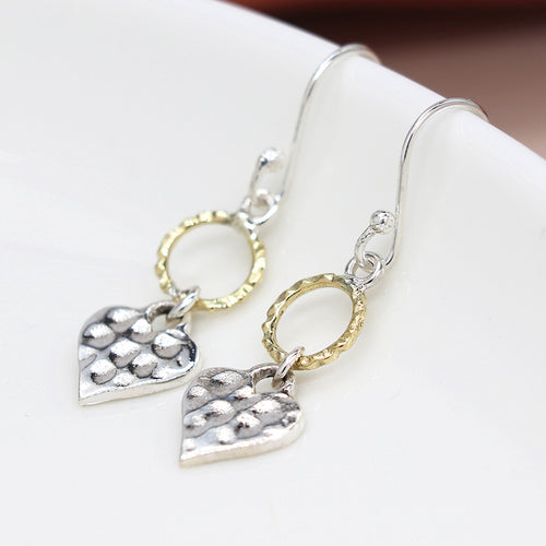 Clustdlysau Arian | Sterling Silver Earrings - Hammered Heart and Brass Hoop