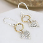 Clustdlysau Arian | Sterling Silver Earrings - Hammered Heart and Brass Hoop