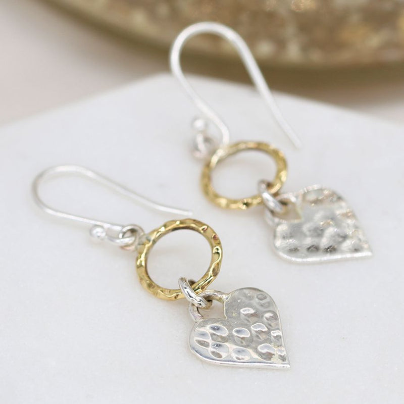 Clustdlysau Arian | Sterling Silver Earrings - Hammered Heart and Brass Hoop