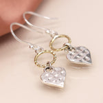 Clustdlysau Arian | Sterling Silver Earrings - Hammered Heart and Brass Hoop