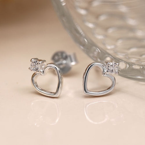 Clustdlysau Arian | Sterling Silver Heart and Crystal Stud Earrings