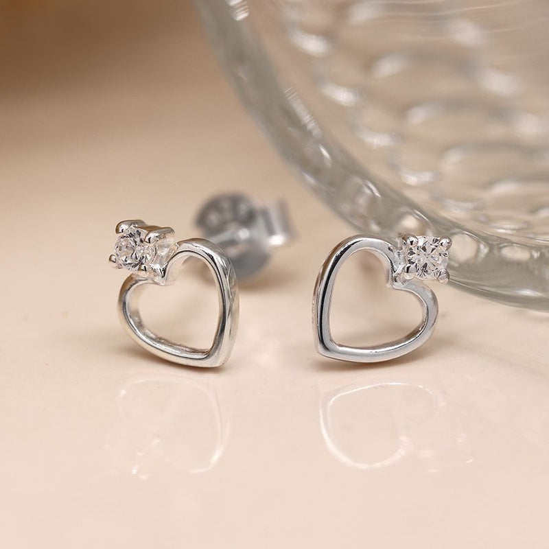 Clustdlysau Arian | Sterling Silver Heart and Crystal Stud Earrings