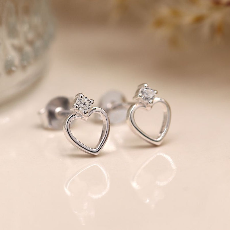 Clustdlysau Arian | Sterling Silver Heart and Crystal Stud Earrings