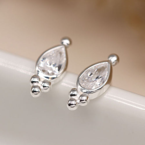Clustdlysau Styd Arian | Sterling Silver Studs - Teardrop Dot Detail