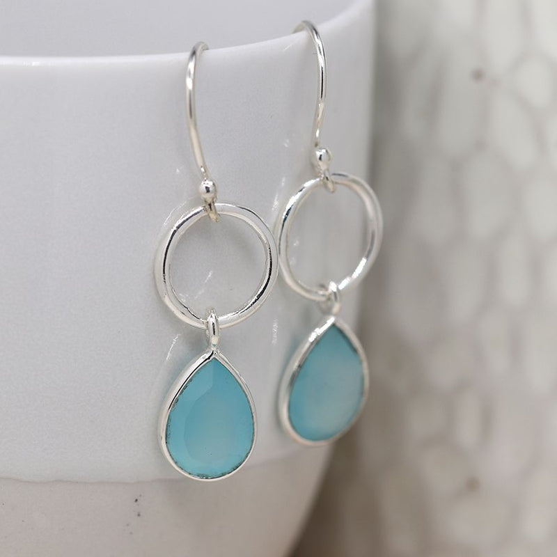 Clustdlysau Arian | Sterling Silver Drop Earrings - Aqua Chalcedony Teardrop