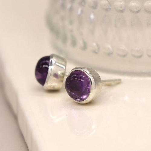 Clustdlysau Arian | Sterling Silver Round Stud Earrings - Amethyst