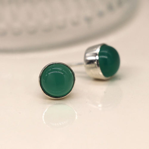 Clustdlysau Arian | Sterling Silver Round Stud Earrings - Green Onyx