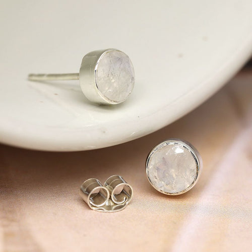 Clustdlysau Arian | Sterling Silver Round Stud Earrings - Moonstone