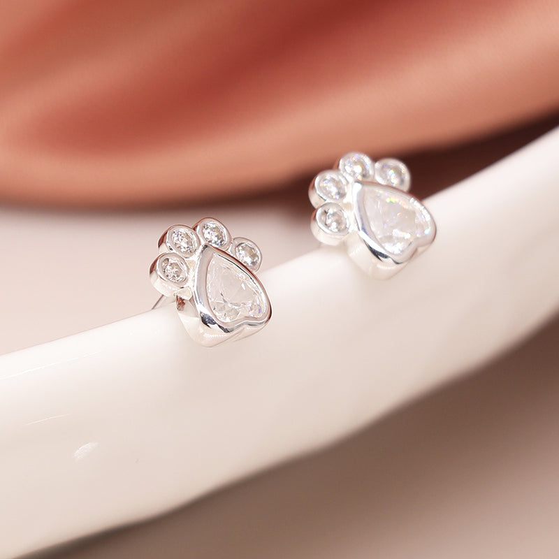 Clustdlysau Styd Arian | Sterling Silver Studs - CZ Paws