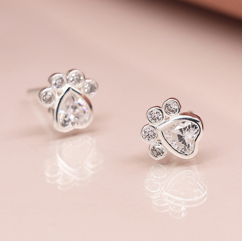 Clustdlysau Styd Arian | Sterling Silver Studs - CZ Paws