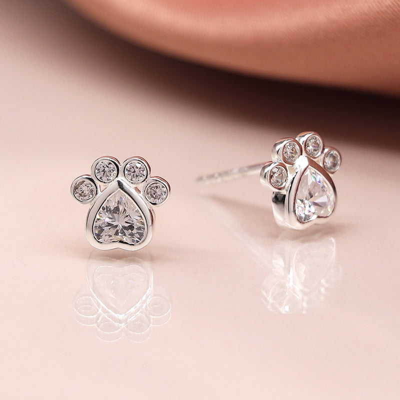 Clustdlysau Styd Arian | Sterling Silver Studs - CZ Paws