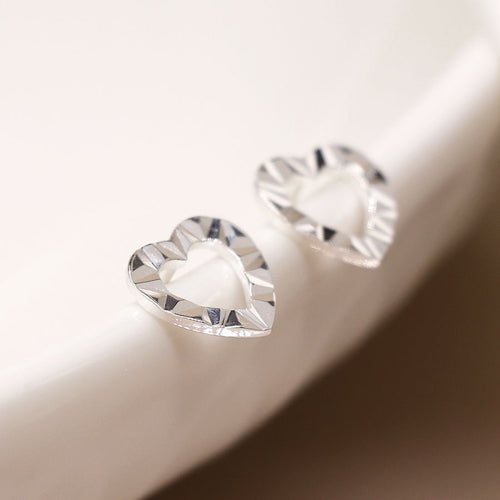 Clustdlysau Styd Arian | Sterling Silver Studs - Faceted Heart