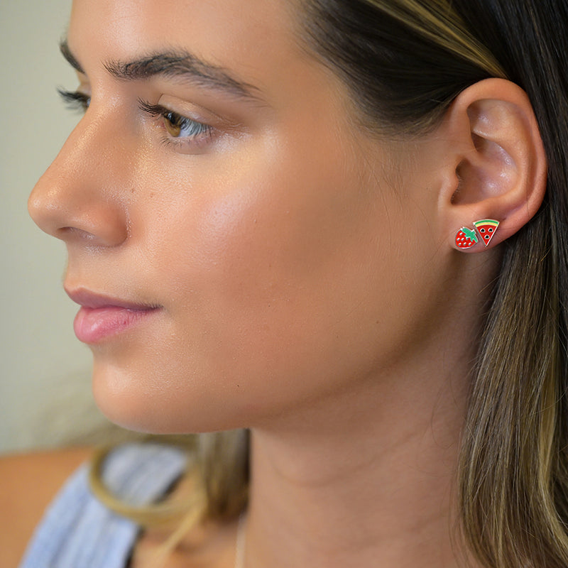 Clustdlysau Styd Arian ac Enamel | Sterling Silver & Enamel Stud Earrings - Strawberries