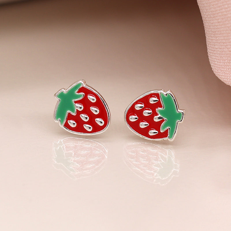 Clustdlysau Styd Arian ac Enamel | Sterling Silver & Enamel Stud Earrings - Strawberries
