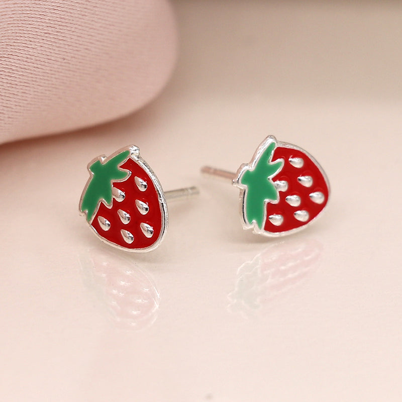 Clustdlysau Styd Arian ac Enamel | Sterling Silver & Enamel Stud Earrings - Strawberries