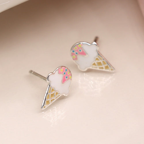 Clustdlysau Styd Arian ac Enamel | Sterling Silver & Enamel Stud Earrings - Ice Cream