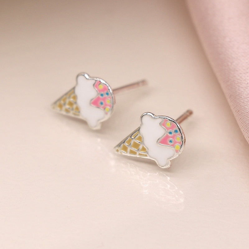 Clustdlysau Styd Arian ac Enamel | Sterling Silver & Enamel Stud Earrings - Ice Cream