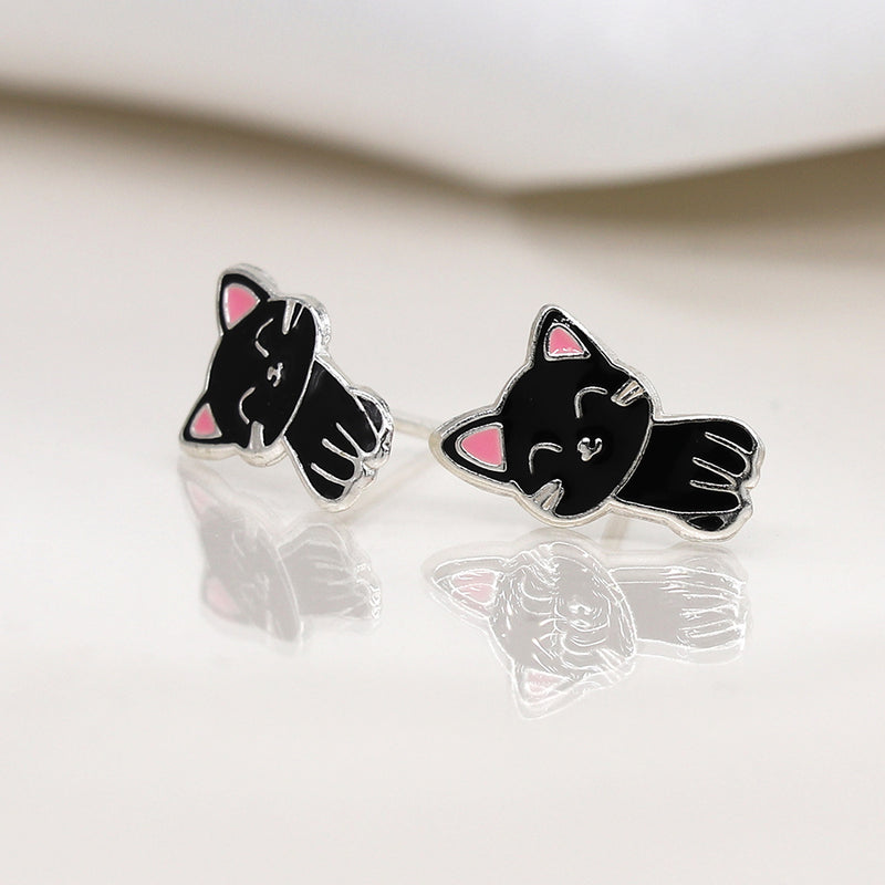Clustdlysau Styd Arian ac Enamel | Sterling Silver & Enamel Stud Earrings - Black Cat