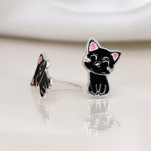 Clustdlysau Styd Arian ac Enamel | Sterling Silver & Enamel Stud Earrings - Black Cat
