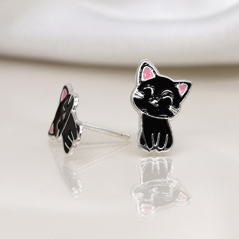 Clustdlysau Styd Arian ac Enamel | Sterling Silver & Enamel Stud Earrings - Black Cat